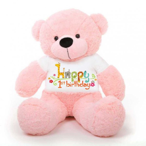 Pink 5 feet Big Teddy Bear wearing a First Happy Birthday T-shirt
